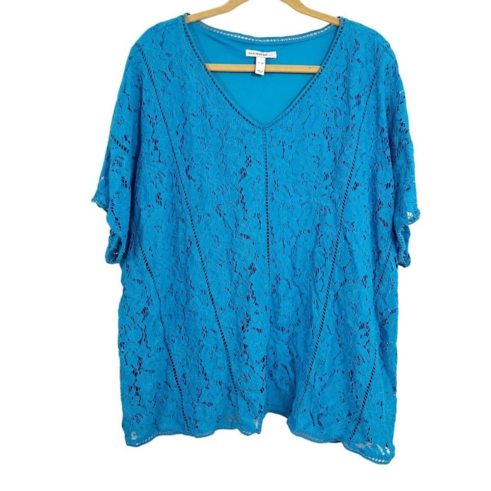 Isaac Mizrahi Live! Blue Lace Short Sleeve V-Neck Top Business Casual - Size 4X